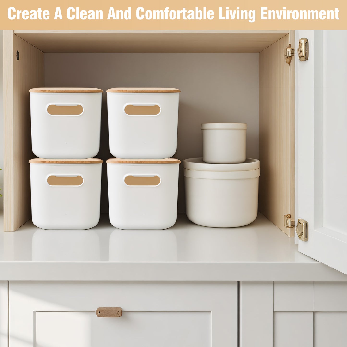 CATGOOD 2PCS Premium Minimalist Storage Boxes with Bamboo Lids, Plastic Storage Baskets, White Stackable Storage Bins with Lids for Kitchen, Cabinet, Bathroom, 10.24"x7.09"x6.3"