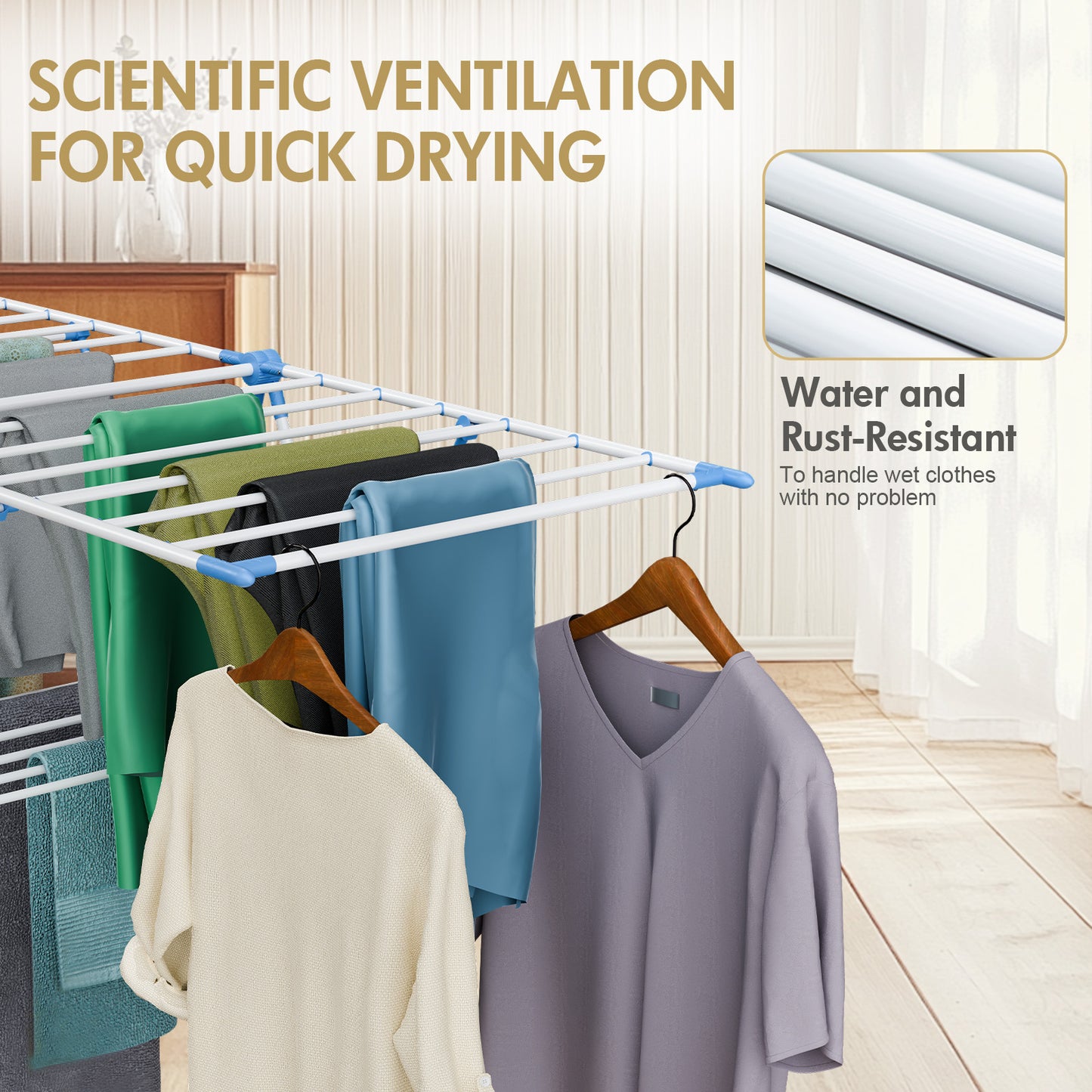 Portable 2-Layer Wing-Style Foldable Clothes Rack with Adjustable Height Wings, Suitable for Indoor/Outdoor Use, Blue