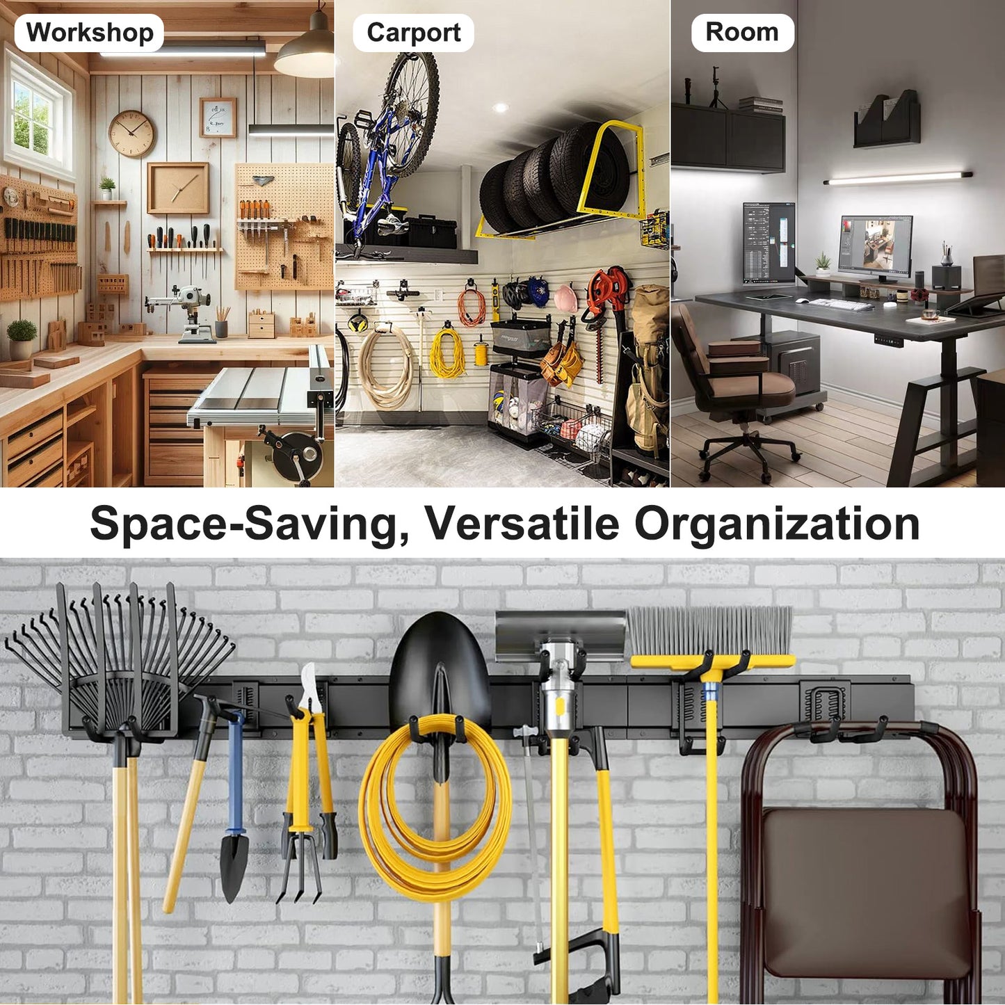 ALSO GO Wall Mount Tool Storage Rack with Hooks, Garage Tool Storage Rack, Heavy Duty Garage Storage Organizer, Hold up to 440LBS, Black