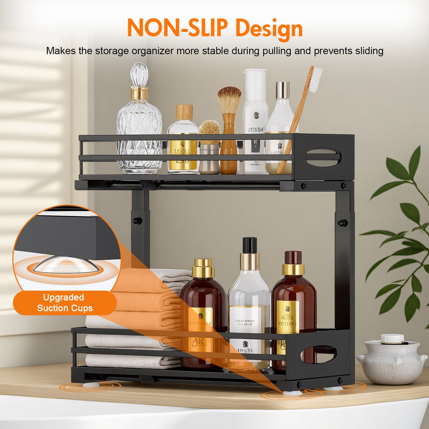 CATGOOD Under Sink Organizer, Multifunctional Pull-Out Under Sink Storage, 2-Tier Under Kitchen Sink Organizer, Waterproof Metal Storage Rack with Sliding Drawer for Kitchen and Bathroom, Black