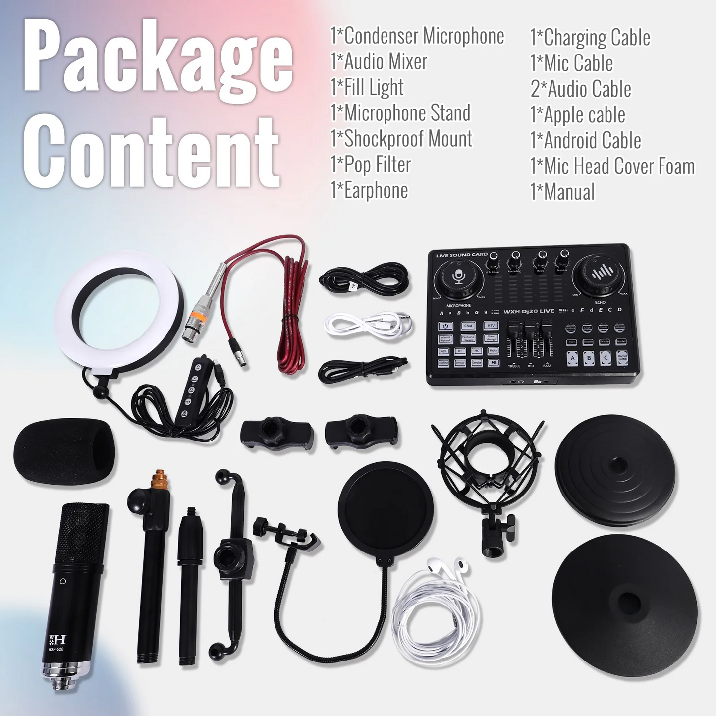 Podcast Equipment Bundle, BAOKALER 48V XLR Large Diaphragm Condenser Microphone with Live Sound Card, Condenser Microphone Bundle for Studio Recording & Broadcasting