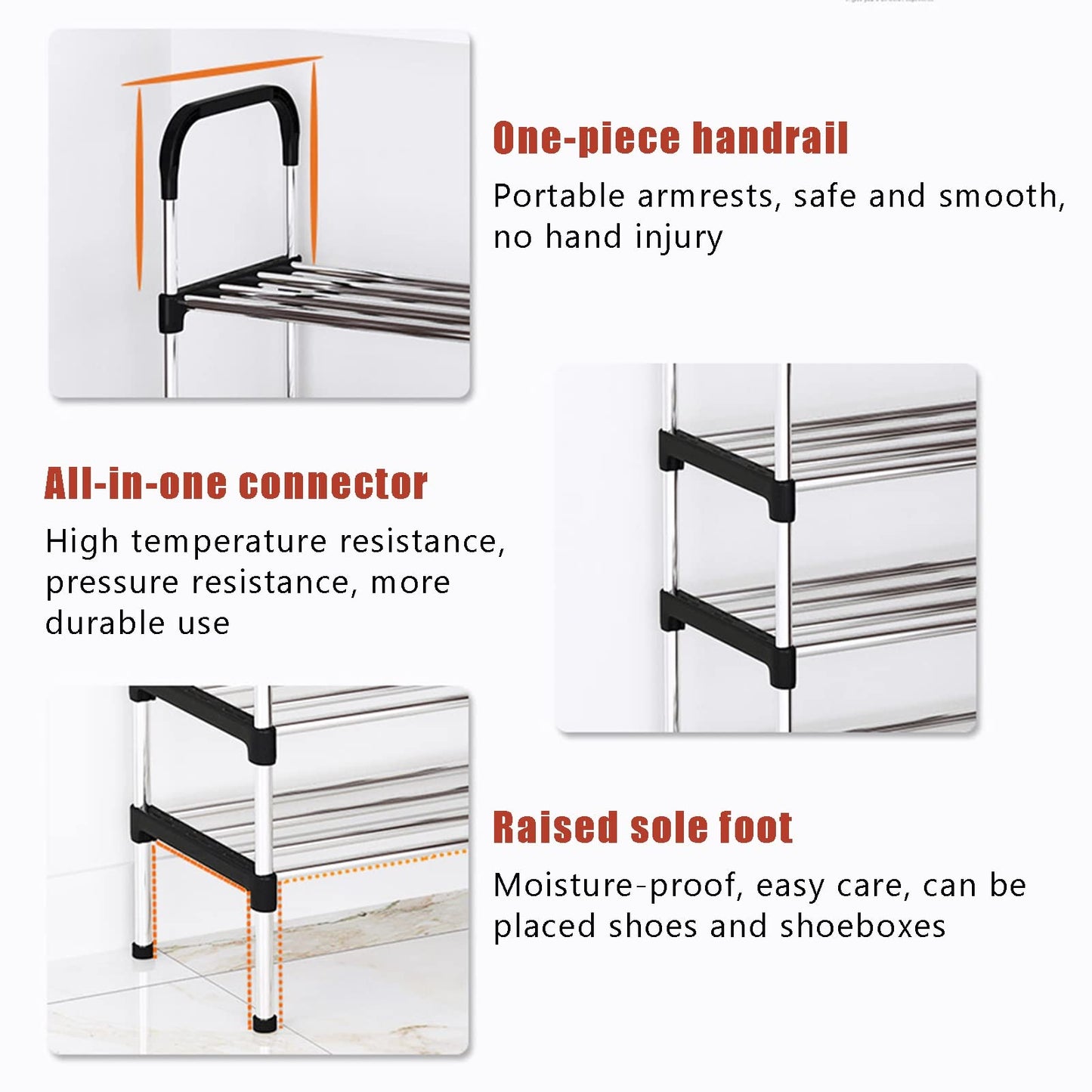 4-Tier Shoe Rack Organizer, Metal Shoe Storage Stand for Entryway, Hallways, Bedrooms, Bathrooms, Offices, and Living Rooms, Silver and Black