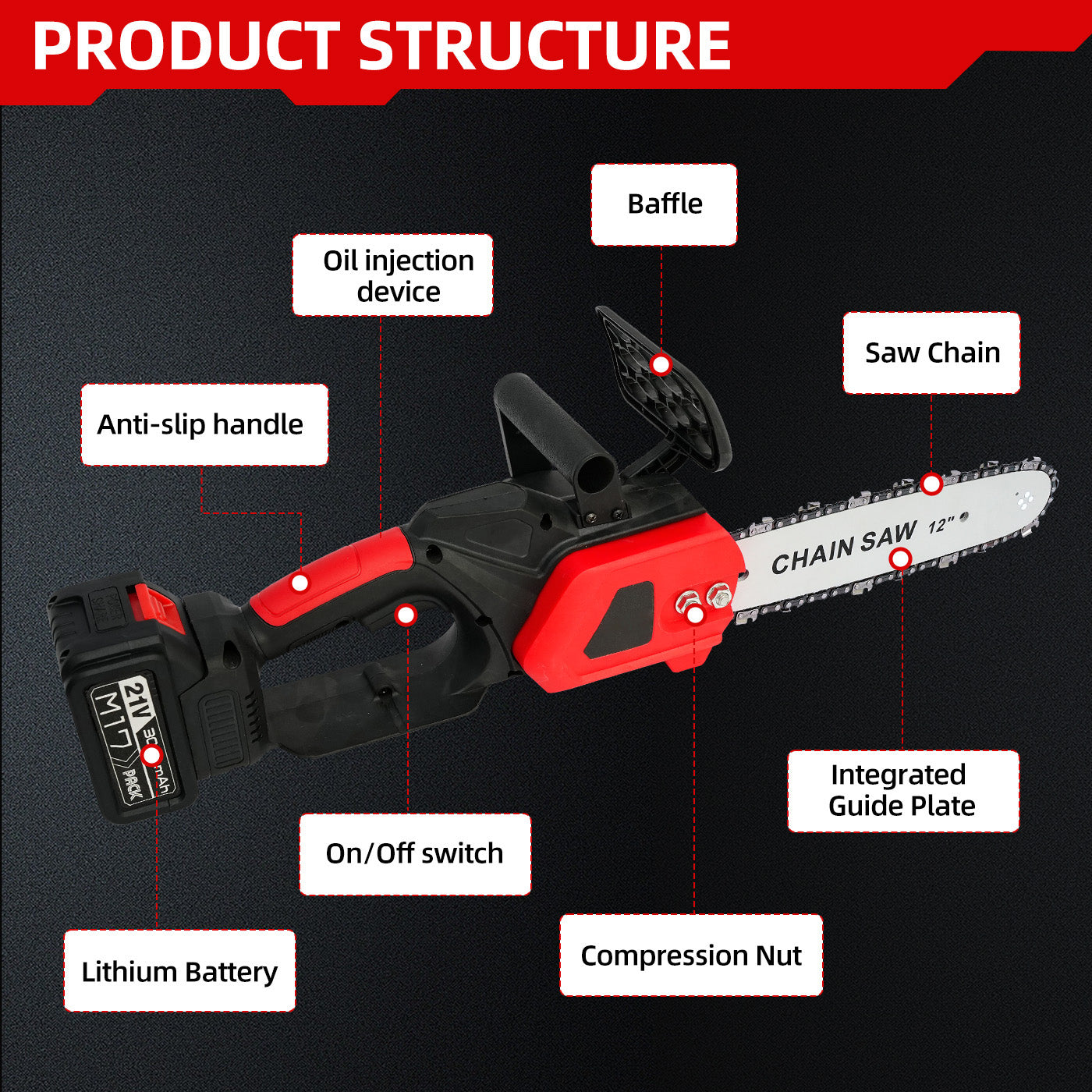 CATGOOD 12" Cordless Chainsaw, 950W Brushless Motor Battery Chain Saw with 21V Rechargeable 3.0Ah Battery and Charger for Wood Cutting