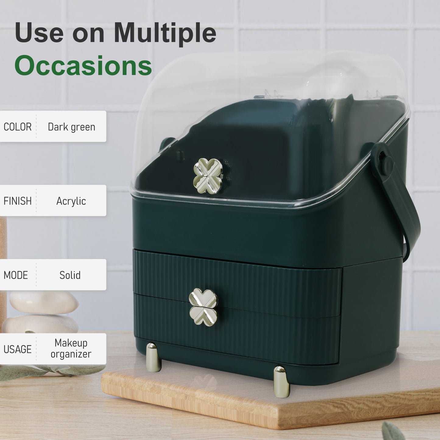 CATGOOD Makeup Organizer Cosmetics Storage with Fully Open Lid, Green, Countertop Cosmetics Display Case, Dresser, Ideal Gift for Women (Dark Green), 10.23*7.08*14.17in