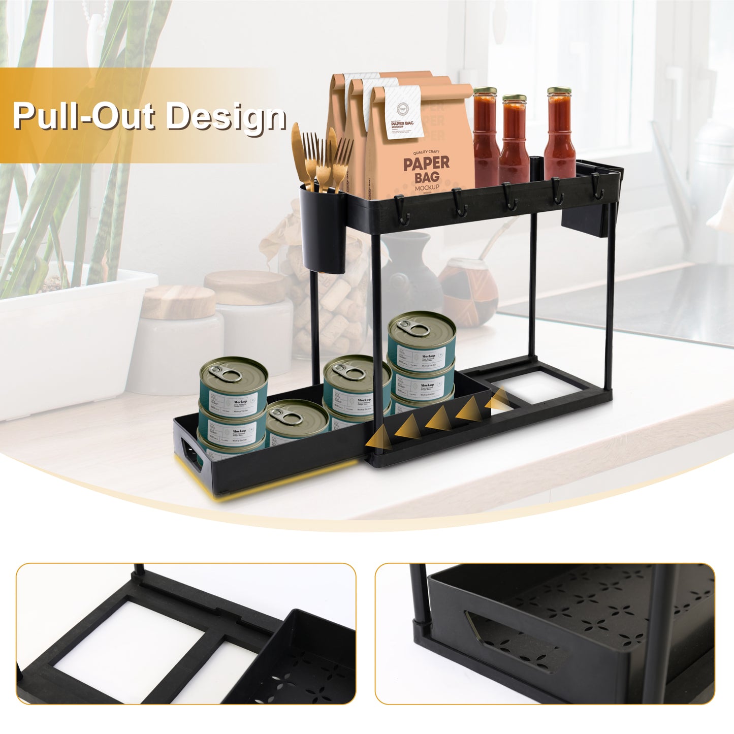 Under Sink Organizers and Storage, 2 Tier Bathroom Under Sink Organizer with Hooks, Hanging Cups, Multi-purpose Storage Drawers, Bathroom Organizers Under Kitchen Sink