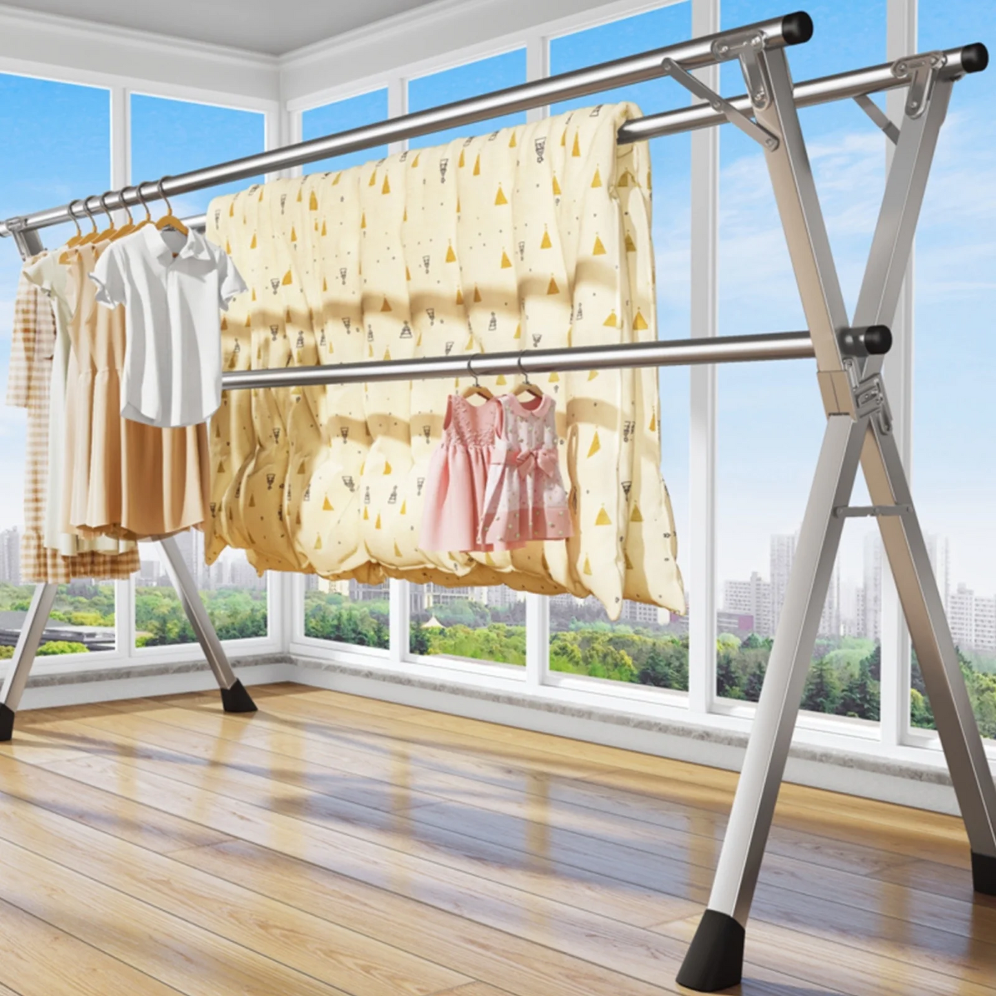 Clothes Drying Rack, 63 Inches Adjustable & Foldable Laundry Drying Rack, Heavy Duty Stainless Steel Drying Rack, Suitable for Indoor, Outdoor and Balcony, Silver