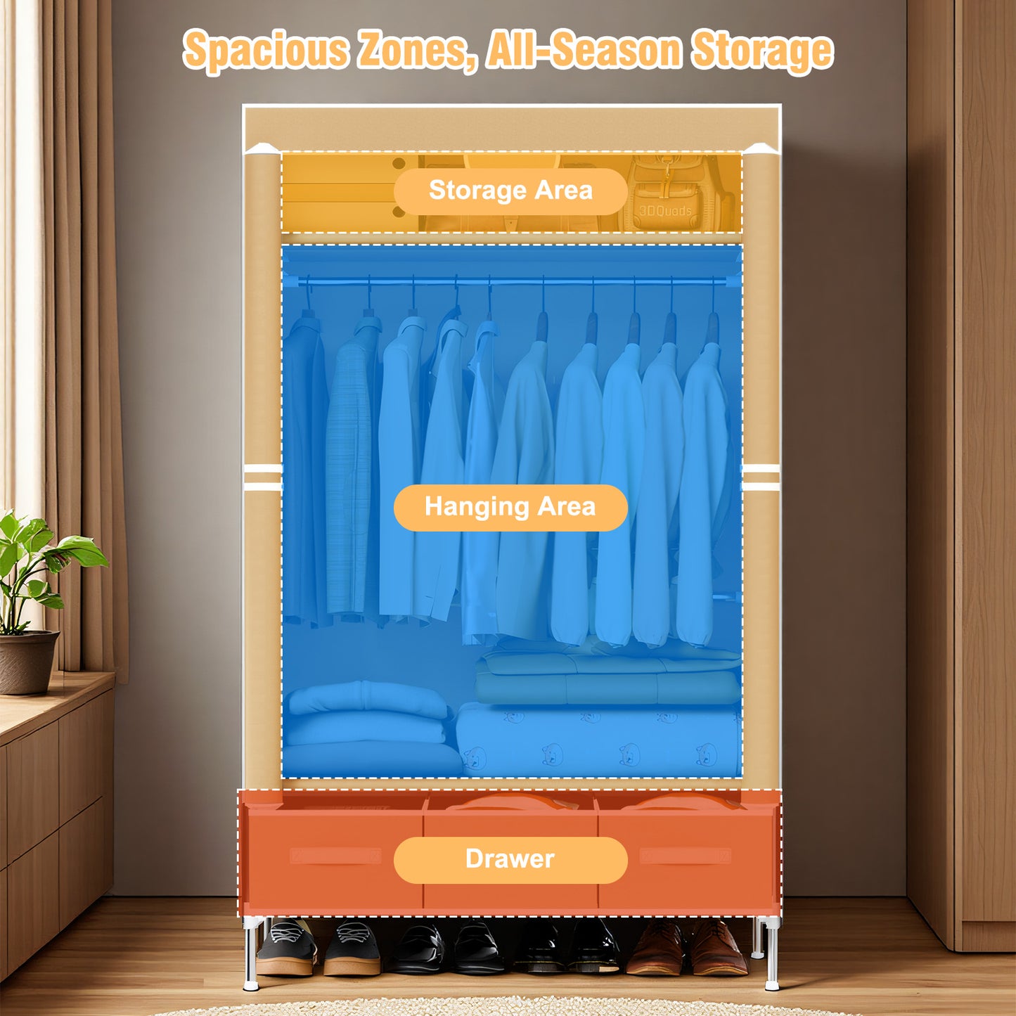 Non-Woven Fabric Closet Organizer for Coats and Bags, Portable Wardrobe Closet Includes 3 Storage Drawers for Home Bedroom, Sturdy & Easy to Assemble, Light Coffee