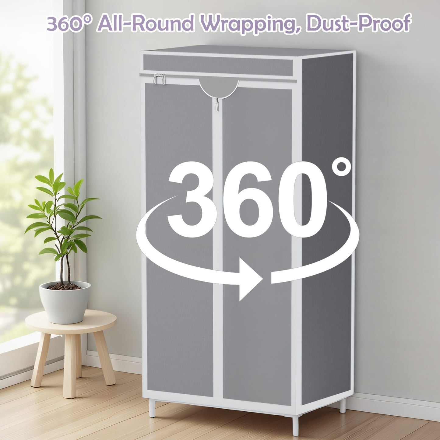 Wardrobe Closet for Hanging Clothes, Bedroom Clothes Closet Storage Organizer, Fabric Wardrobe, Portable Closet with Hanging Rods, Gray