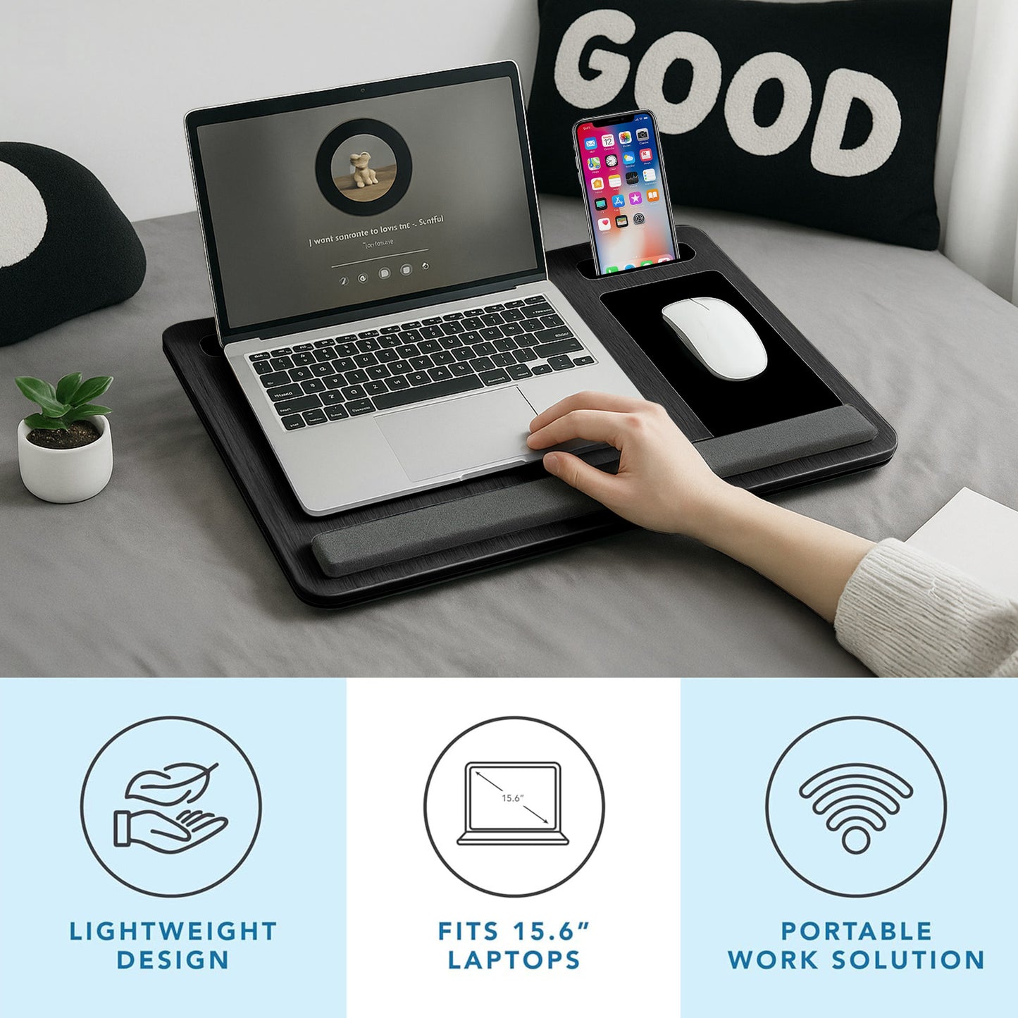 Portable Lap Desk for Laptop, Wood Lapdesk Bed Table with Handle, Black