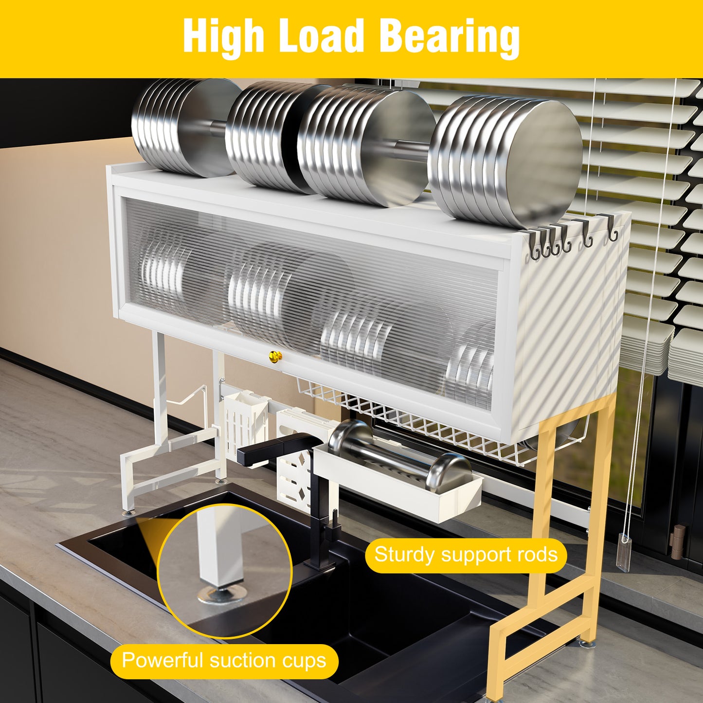 Over the Sink Dish Rack with Cabinet, Multifunctional Dish Drying Rack Above Sink with Visible Cupboard Door for Drying Dishes, Glasses, Bowls, and Utensils, White, Length-41.34"