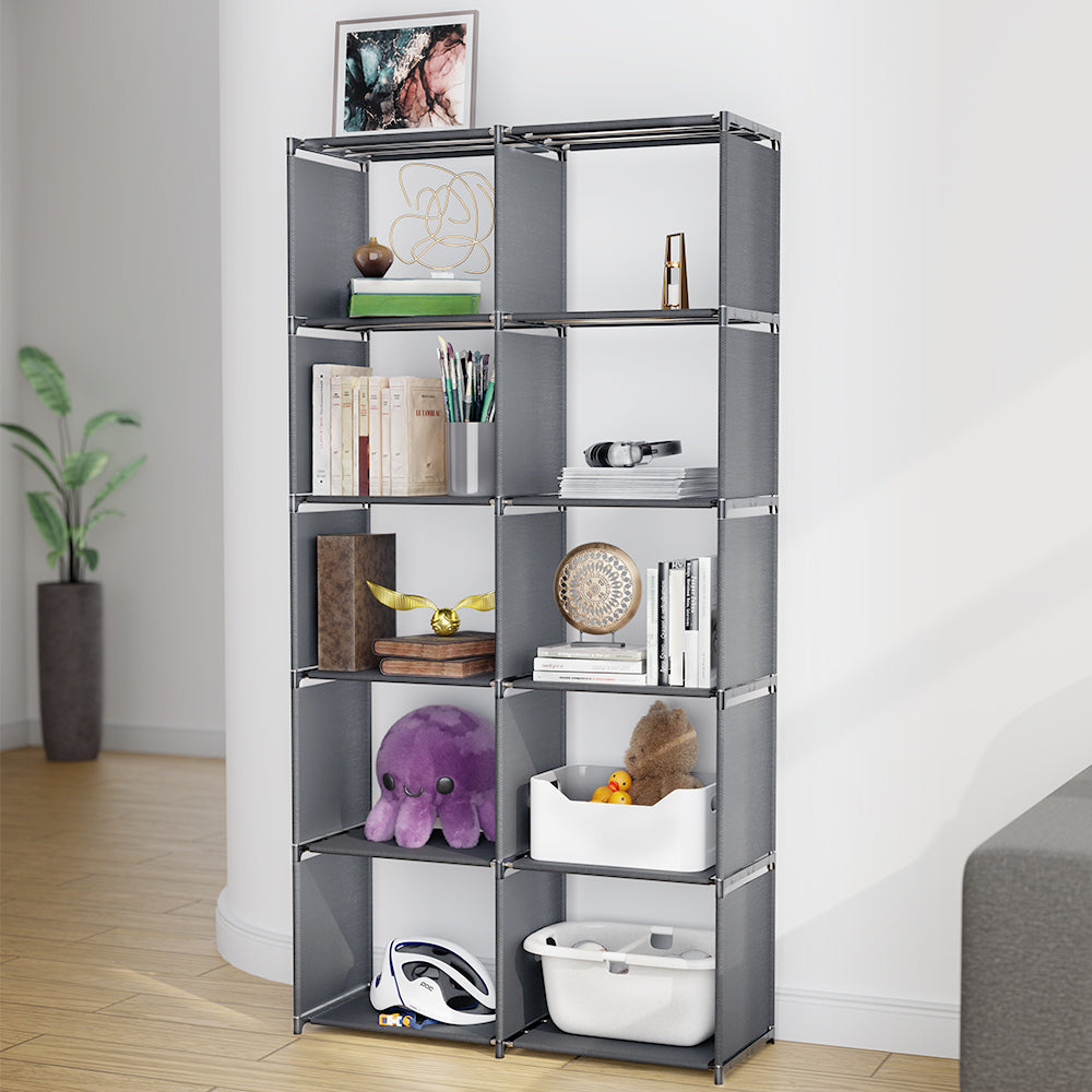 6-Tiers Portable Bookshelf with Fabric Cloth at Back, 10 Cube Closet Storage Organizer Bookcase, Living Room,Study Room,Bedroom, Grey