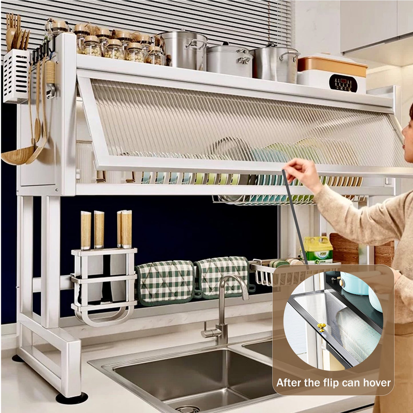 Dish Rack Over Sink for Kitchen, 165LBS Load Drying Rack Above Sink with Visible Cabinet Door, Large Carbon Steel Dish Drainer for Dishes, Bowls and Utensils, White