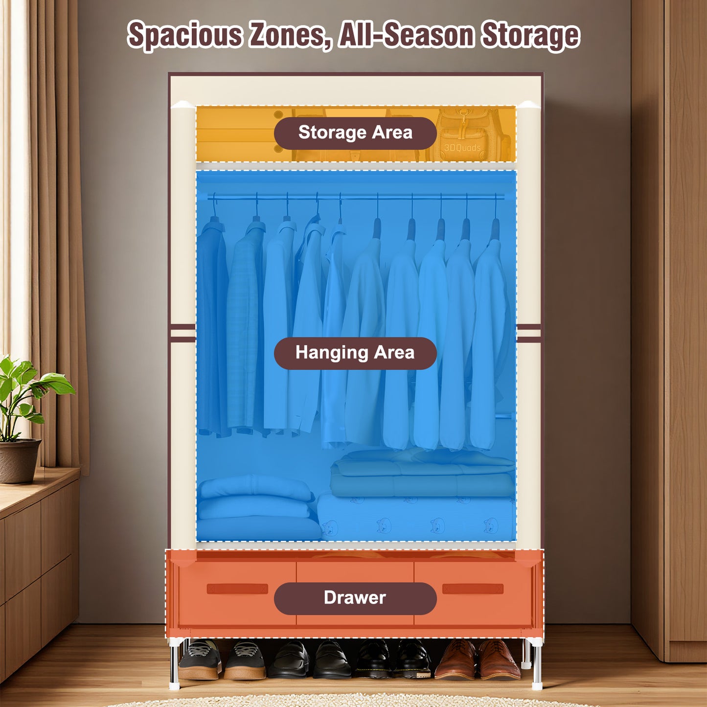Durable Clothes Storage, Non-Woven Fabric Portable Closet Hanging Closet Organizers and Storage, Easy to Assemble, Includes 3 Storage Drawers, Ideal for Rentals, Dorms, Bedrooms, Beige