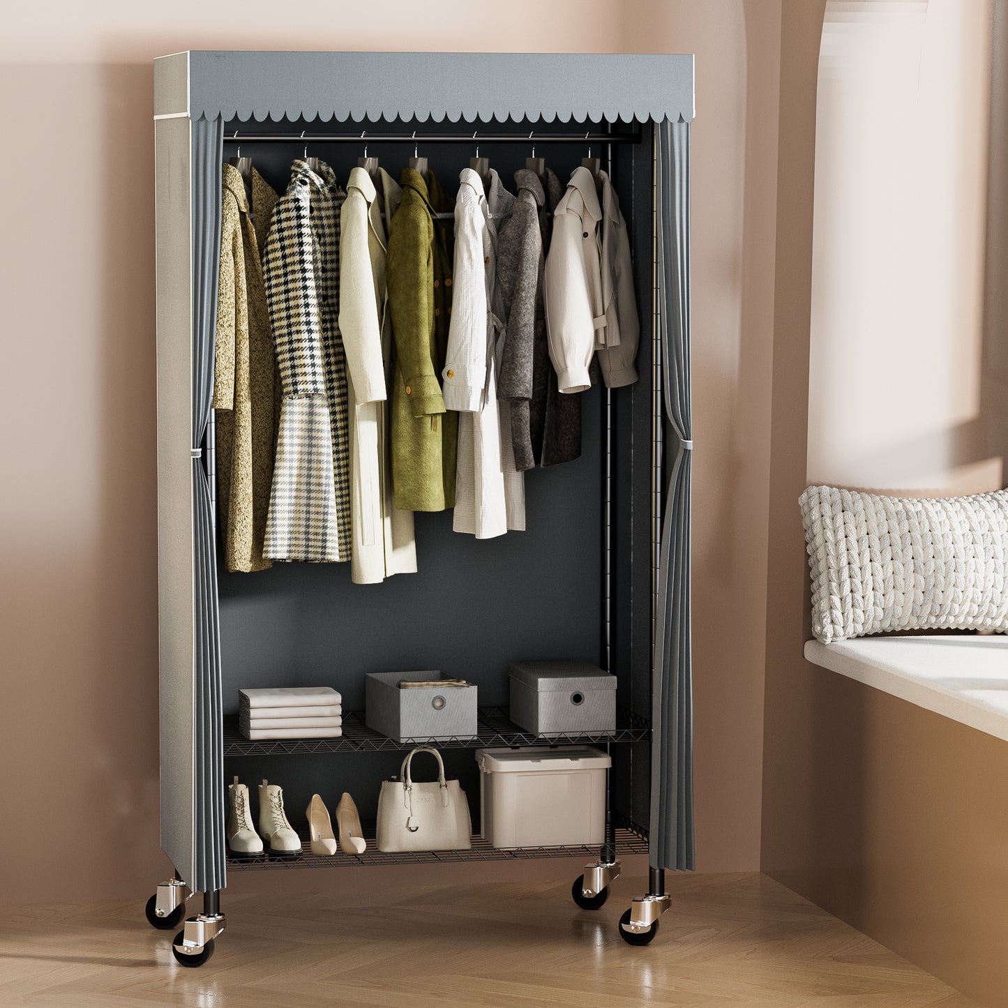 Heavy Duty Wardrobe Rack with Gray Dust Cover, Rolling Clothes Rack for Hanging Clothes, Freestanding Garment Rack with 2-Tier Storage Shelf Wheels Hanging Rod Cover, 35.4"x17"x72.4", Black