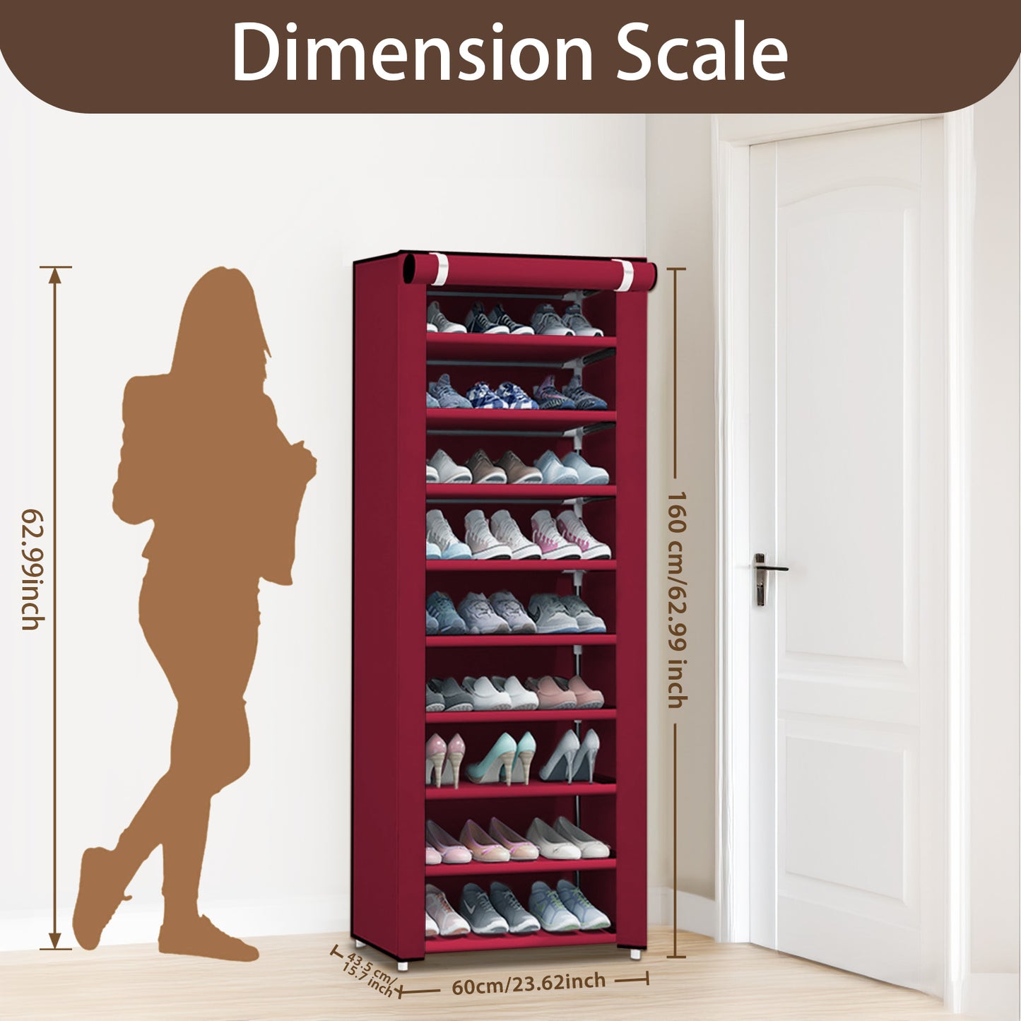Portable Shoe Rack, 10-Tier 27 Paris Shoe Storage Cabinet with Cover, Non-Woven Fabric Shoe Storage Organizer, 9 Lattices Shoe Cabinet Tower Shelf Closet Wine Red