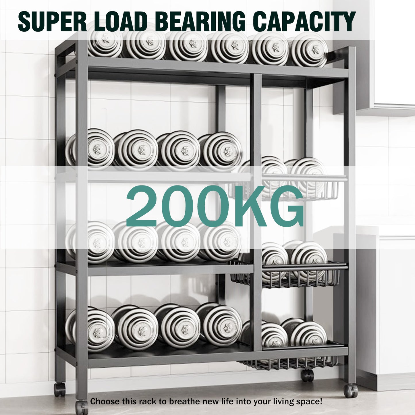 Freestanding Kitchen Storage Rack, Multi-Functional Multi-Layer Mobile Storage Shelf, 4 Tiers with 3 Baskets, Suitable for Kitchen, Bedroom, Living Room, and Balcony