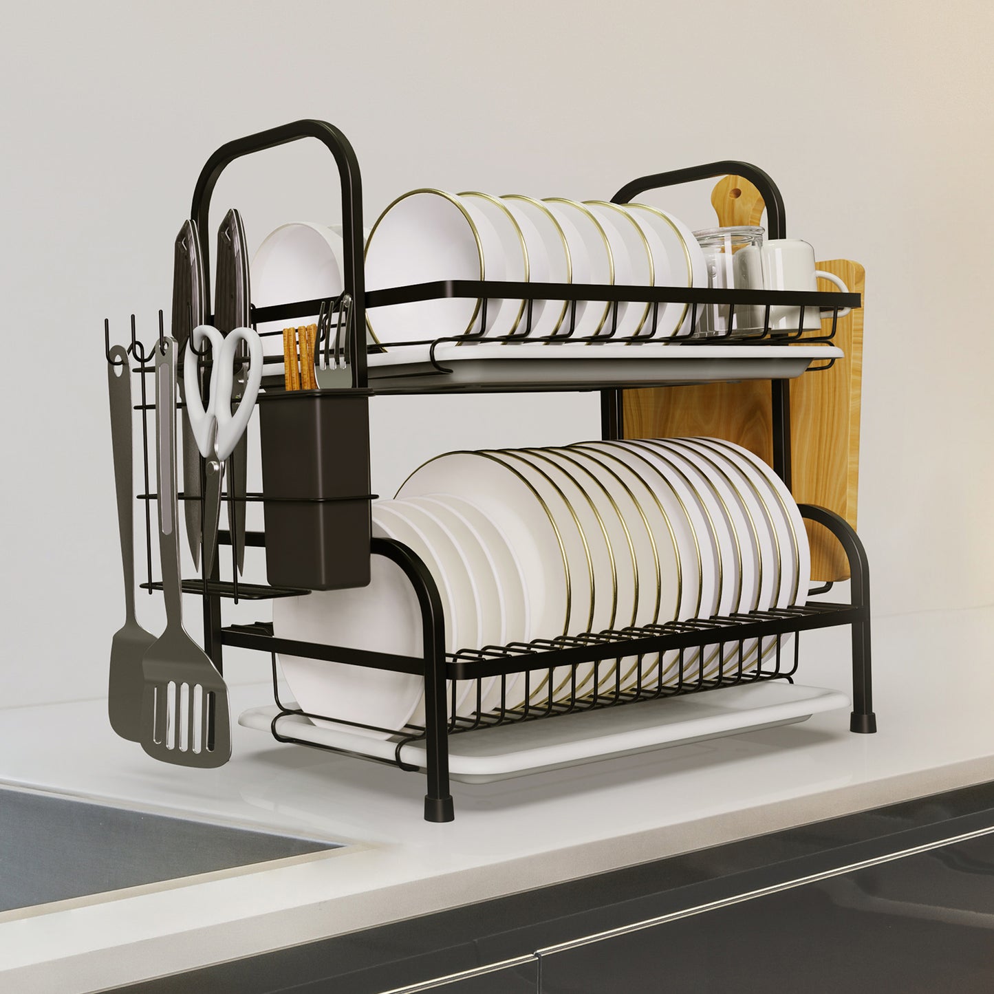 Dish Drying Rack, Kitchen Organization Storage Shelf Dish Drainer Rust-poof Dish Racks for Organizer Home Kitchen Counter with Drainboard, Utensil Holder, Cutting Board Holder