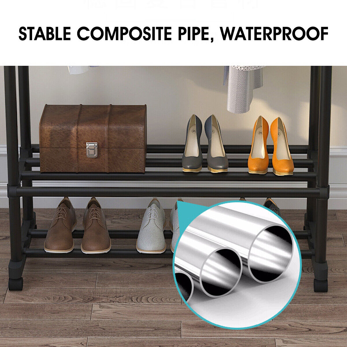 Double rods Clothing rack with Wheels and 2-Tier Storage Shelf, Portable Garment rack Wardrobe Organizer for Bedroom/Living room, Black