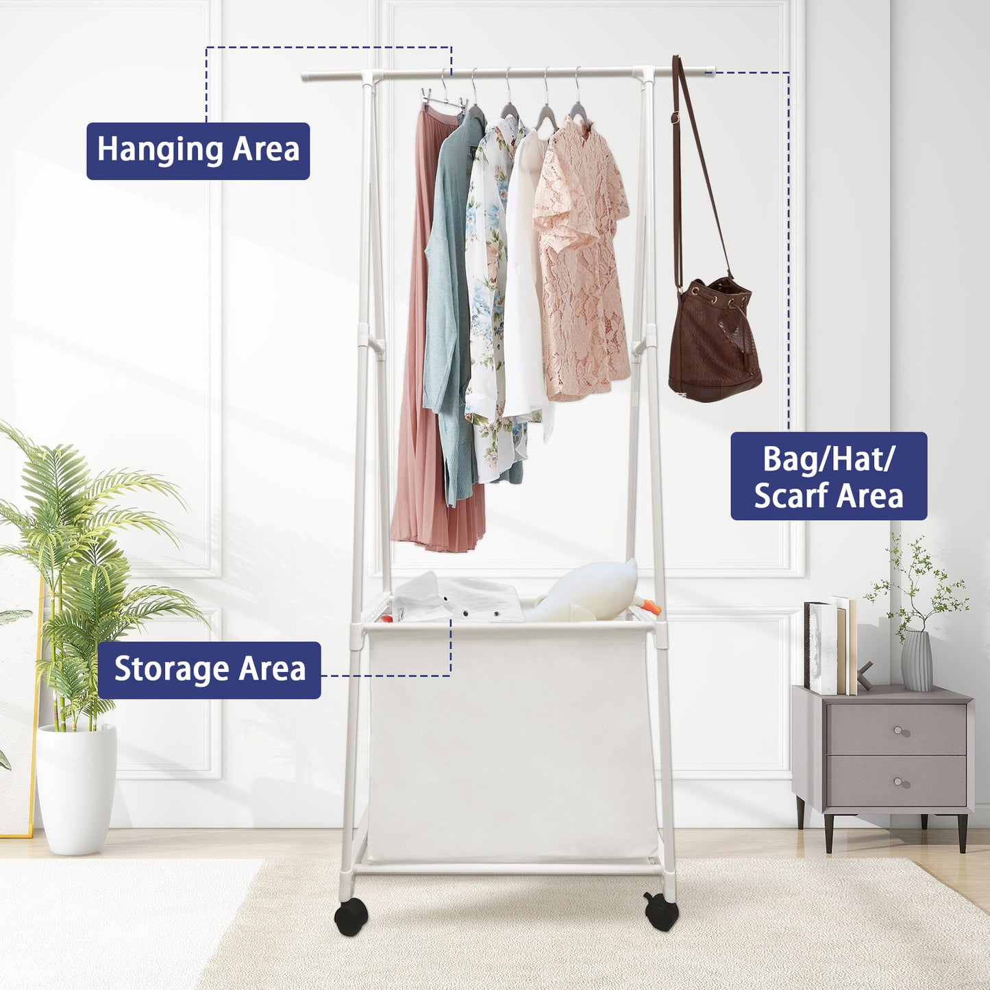 Clothes Rack, Triangle Garment Rack with Large Storage Bag, Clothes Storage Organizer on Wheels, Portable Laundry Coat Rack, Closet Clothing Rack for Home Dorm, White