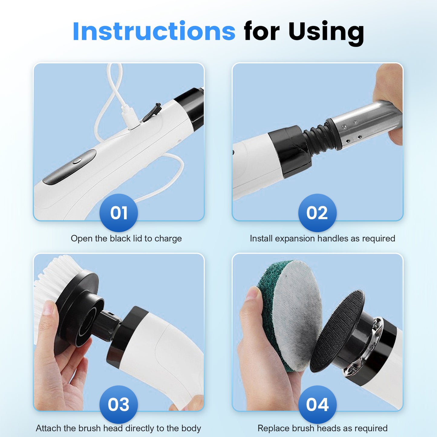 CATGOOD Power Scrubber 3 Adjustable Speeds, Electric Spin Scrubber, Cordless Cleaning Brush with 8 Replaceable Brush Heads, Adjustable & Detachable Long Handle