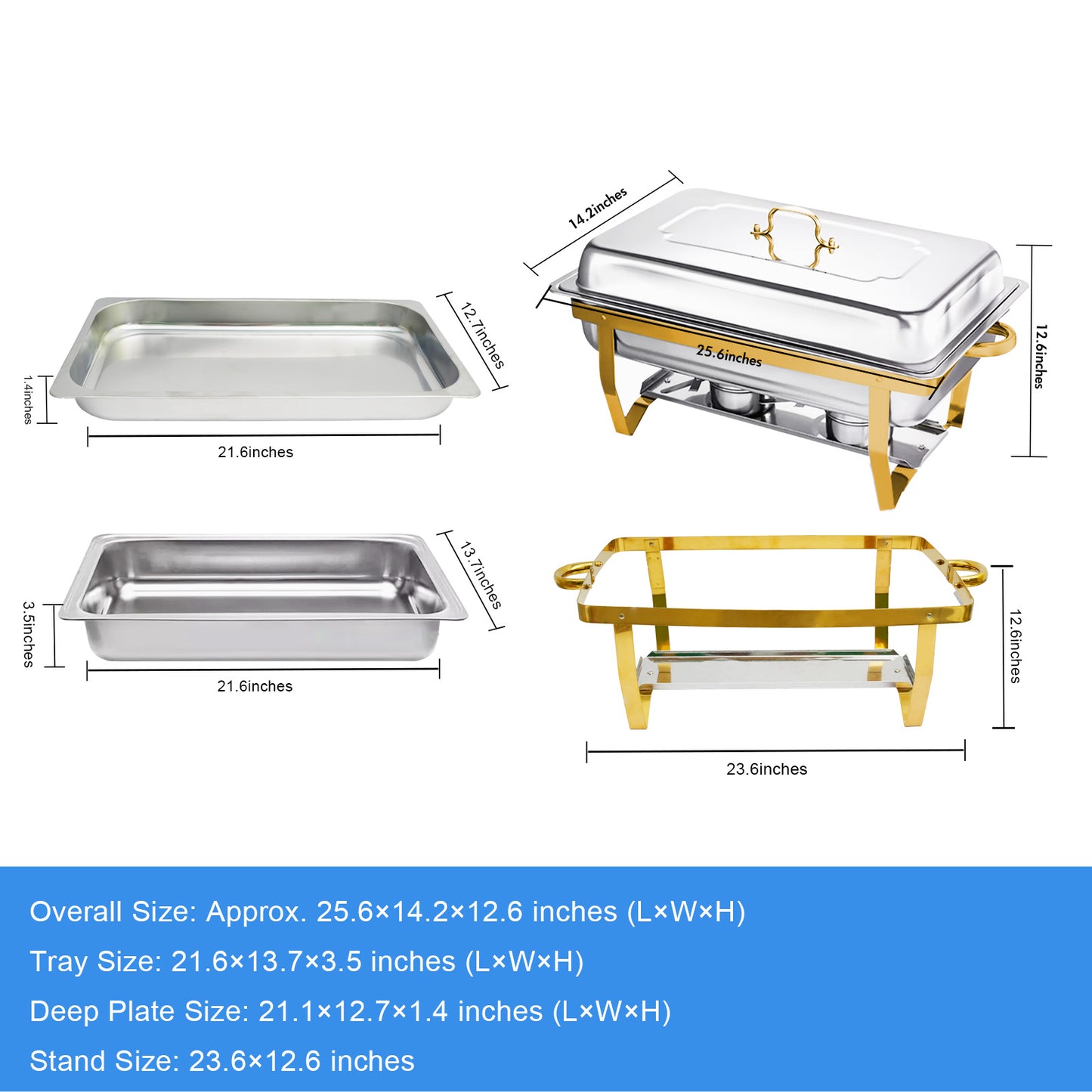 CATGOOD Chafing Dish Buffet Set 4 Pack, 8QT-9QT Rectangular Semi-Gold-Plated Stainless Steel Chafing Dish Set, Buffet Warmer for Hotel Catering, Parties, Weddings, Gold