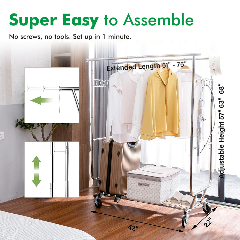Baokaler 600 lbs Heavy Duty Garment rack with Shelves Collapsible Clothing racks on Wheels rolling Clothes rack for Hanging Clothes Portable Adjustable, Chrome Finish