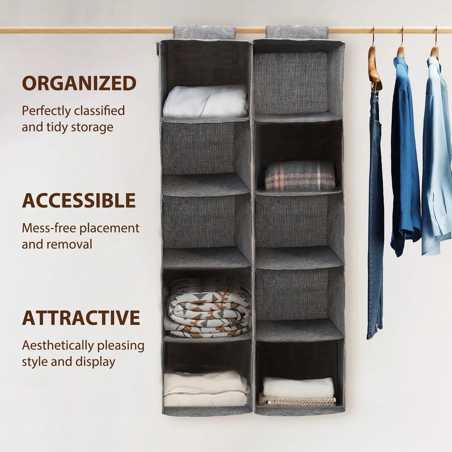 Hanging Closet Organizer, 2 Packs Closet Organizer and Storage, 5-Shelf Closet Hanging Storage Shelves, Closet Organization for Bedroom, Nursery, Diapers, Grey