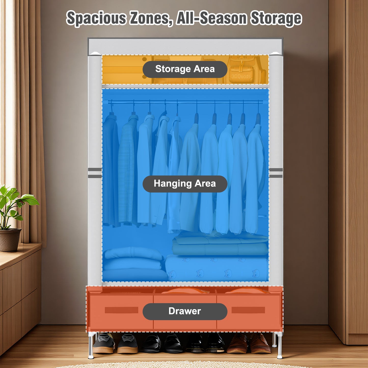 Portable Closet Wardrobe with 3 Storage Drawersfor Home Bedroom, 67 Inches Tall Closet Organizer with Hanging Space for Coats and Bags, turdy & Easy to Assemble, Off-White