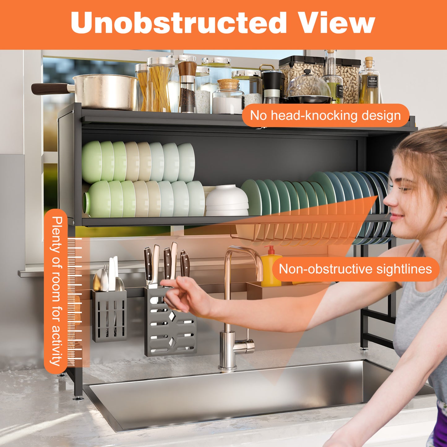 Multi-Functional Dish Drying Rack Above Sink, Dust-Proof Over Sink Dish Drainers and Dish Racks for Kitchen Counter, Black, Length-41.34"