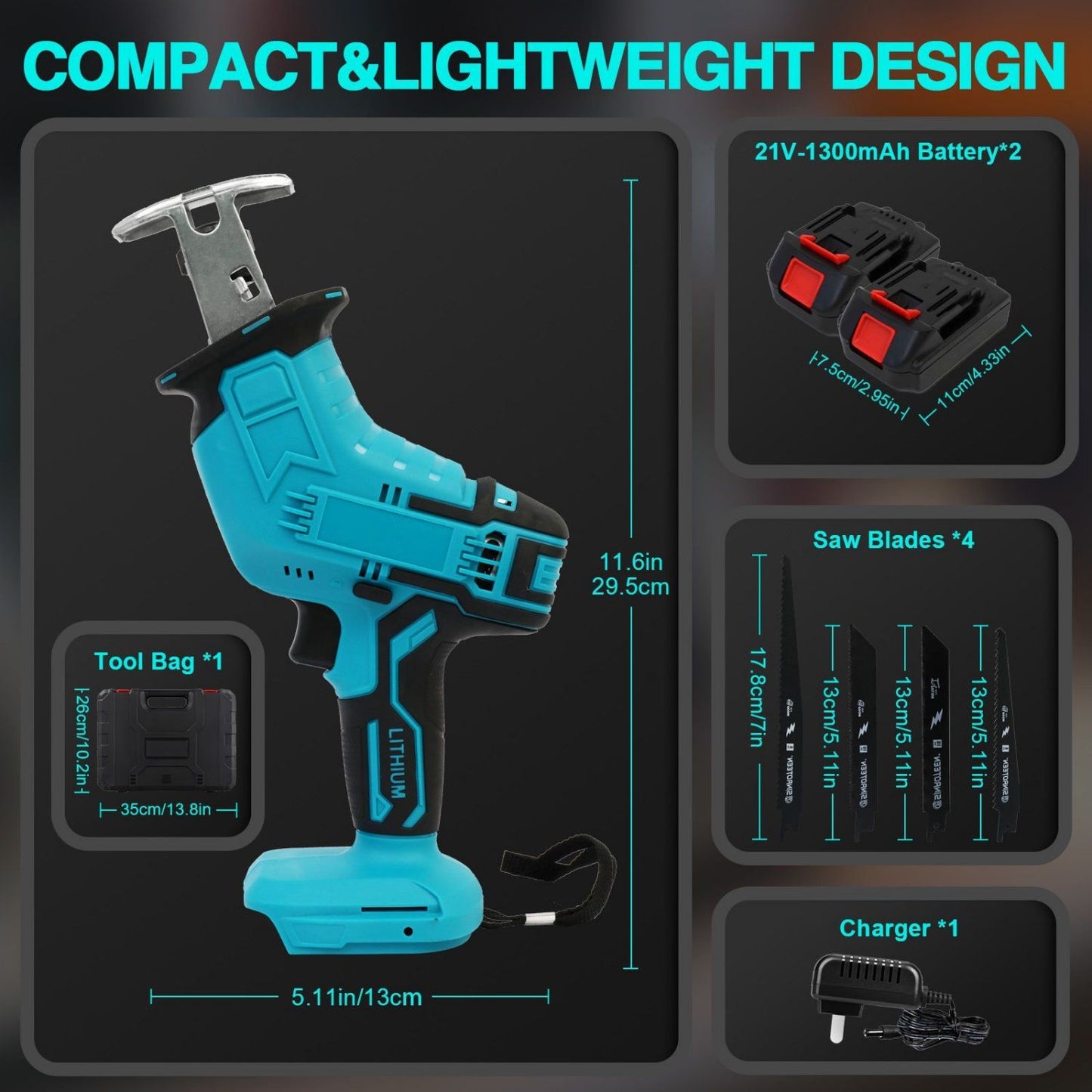 CATGOOD Cordless Saw Reciprocate Saw Metal PVC Wood Cutting Tools with 2 Battery 4 Saw Blades,Blue