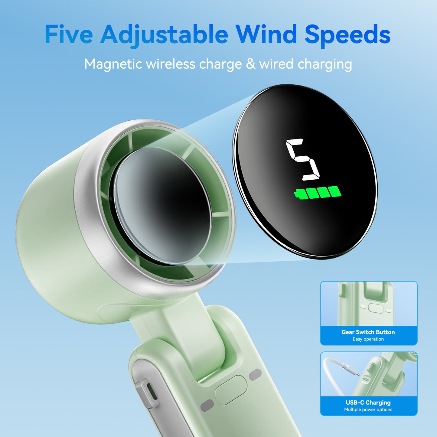 Portable Handheld Fan,5 Gear Wind Hand Fan,Up to 12 Working Hours,Battery Personal Rechargeable,3 IN 1 Hand Fan for Outdoor Activities, Travel, Working(Green,2 Pack)