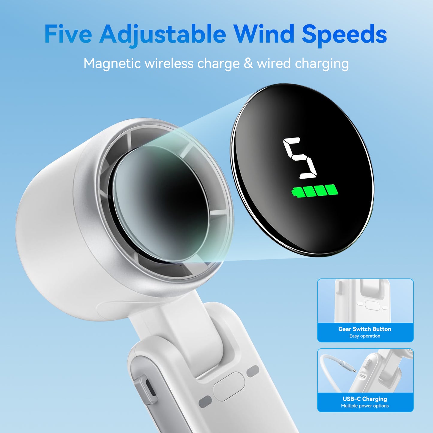 Portable Handheld Fan,5 Gear Wind,6000mAh Adjustable Air Turbo Tech Cooling Fan,12 Hour Runtime,3 in 1 Hand Fan for Outdoor Activities, Travel, Working (White)