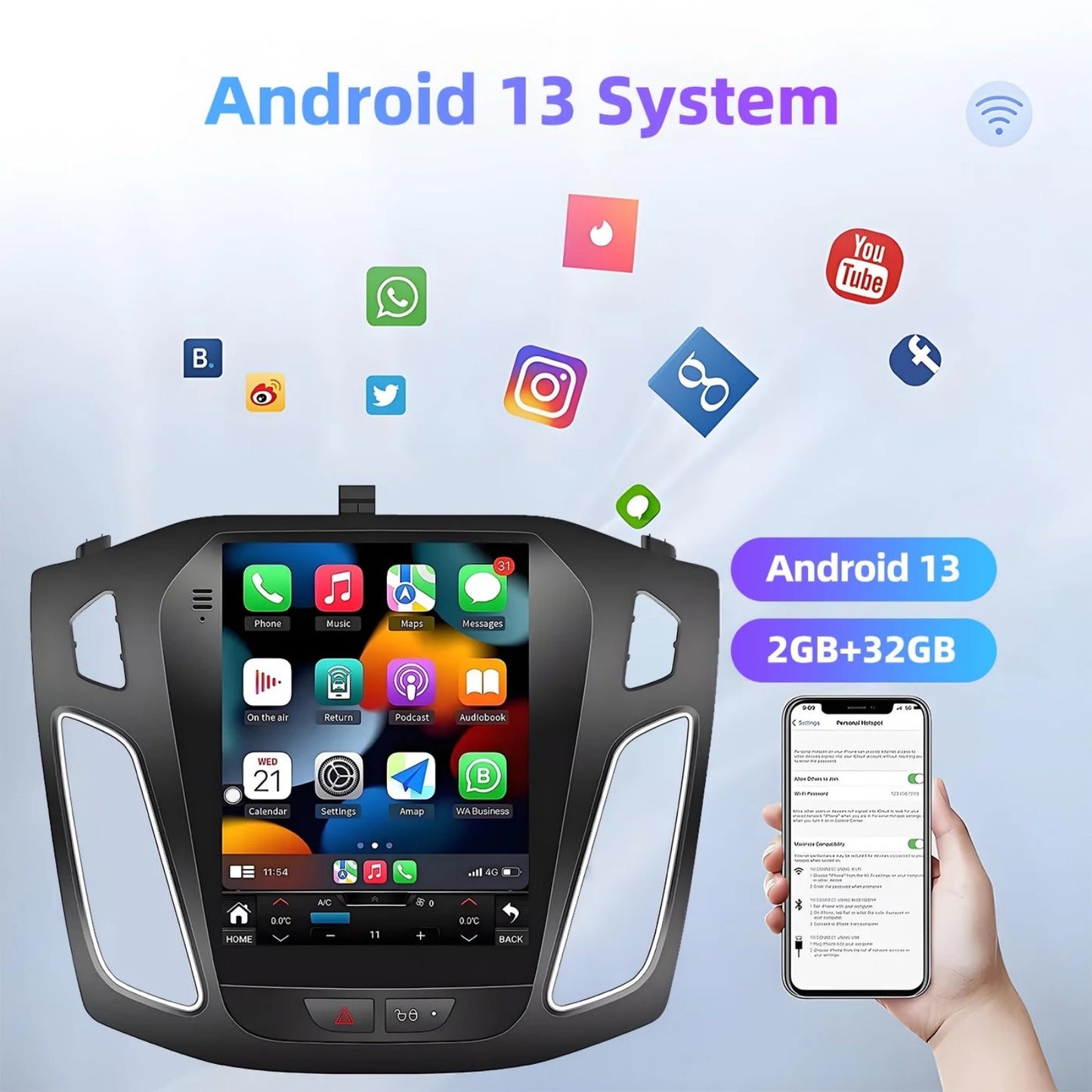 BAOKALER Car Stereo Radio For 2012-2018 Ford Focus Android 13 CarPlay 9.7" Touchscreen Car Radio GPS Navi WiFi, 2+32GB