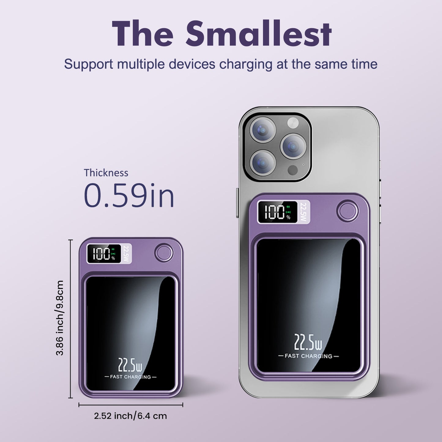 2 in 1 Portable Magnetic Wireless Power Bank, 10000mAh 22.5W Fast Charging, with LED Power Display, Suitable for Outdoor Emergency Backup Power Bank, Compatible with Multi Device, Purple