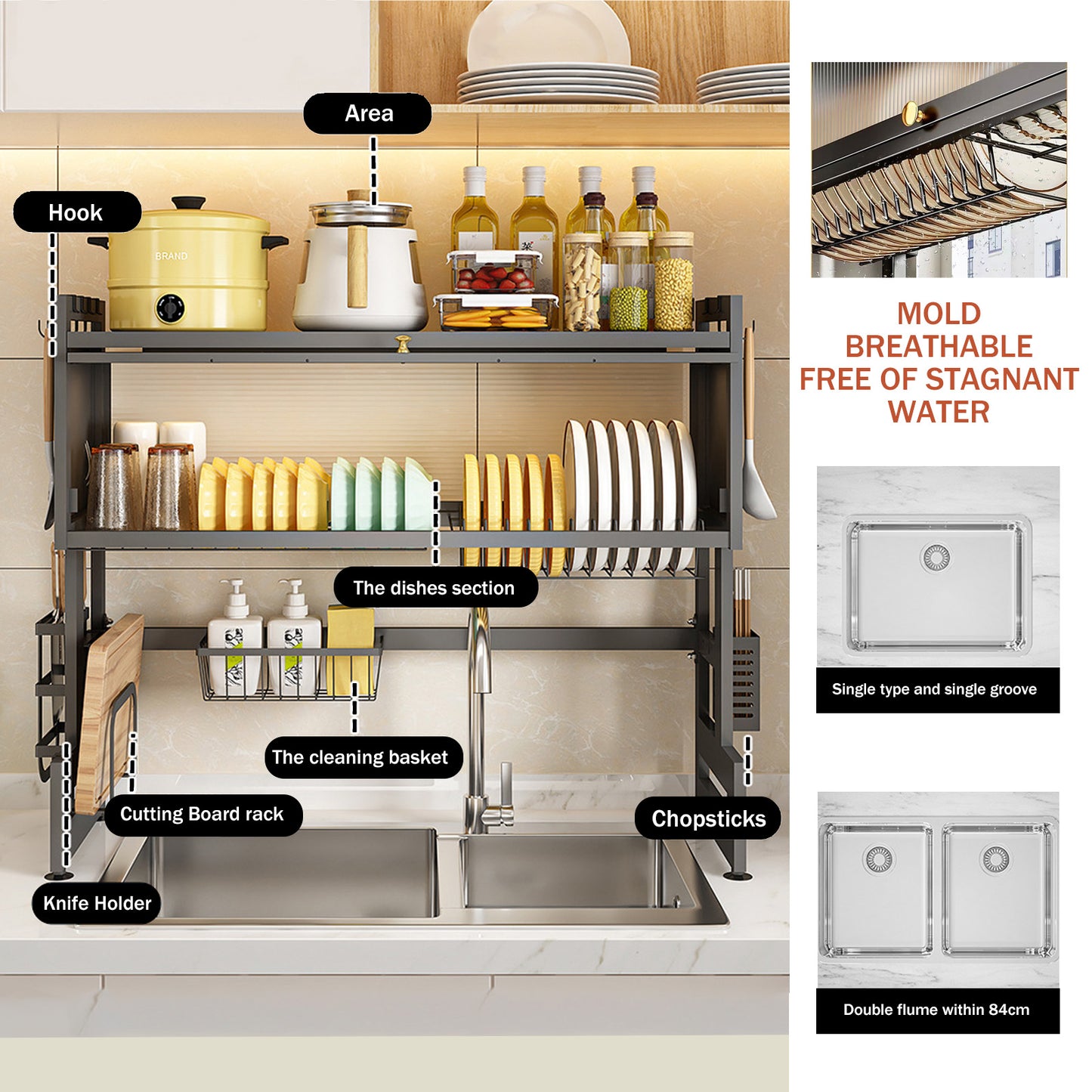 Overthe Sink Dish Rack, Over the Sink Drying Rack with Cover, Dish Drying Rack Over Sink for Bowls and Cutlery, Dish Holder Organizer for Kitchen Counter Storage, Black