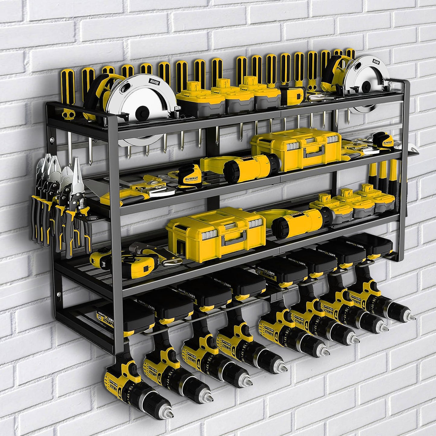 CATGOOD Power Tool Organizer, 8 Drill Holder Wall Mount, 4 Layer Heavy Duty Metal Tool Storage Rack, Battery Tools Holder Shelf,Utility Tool Shelves for Workshop or Garage, Black