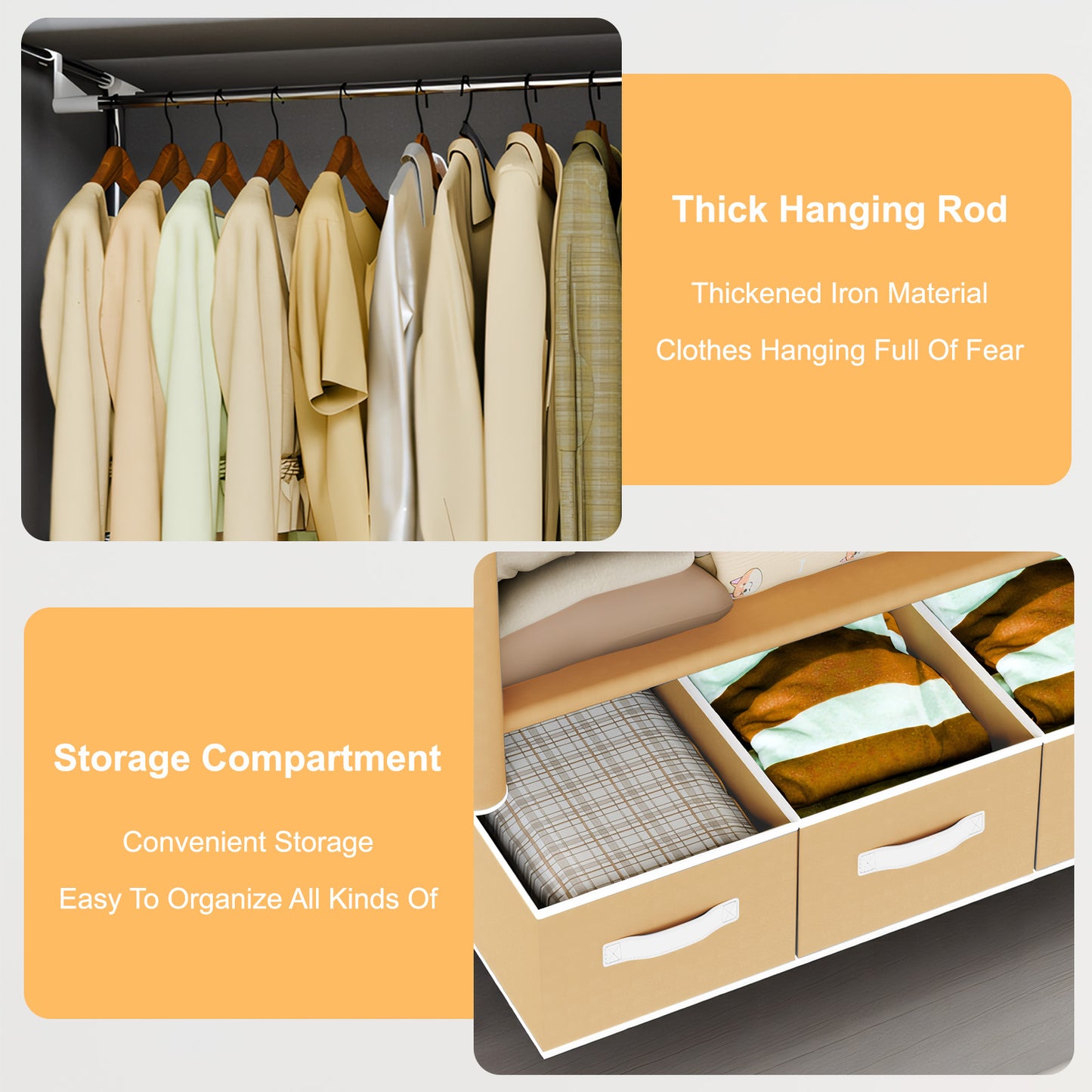 Non-Woven Fabric Closet Organizer for Coats and Bags, Portable Wardrobe Closet Includes 3 Storage Drawers for Home Bedroom, Sturdy & Easy to Assemble, Light Coffee