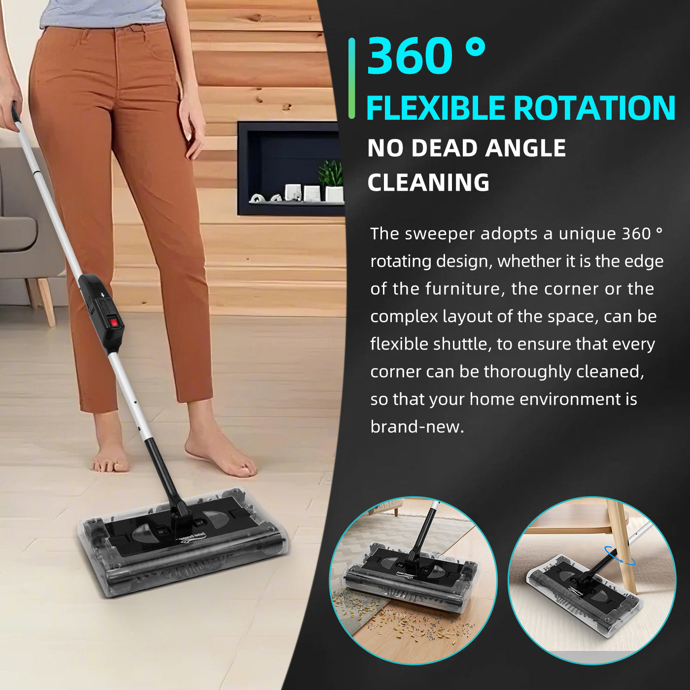 CATGOOD Cordless Rechargeable Floor & Carpet Sweeper, Manual Floor Sweeper Lightweight Floor Cleaner with Low Profile Body to Reach Under Furniture, Black