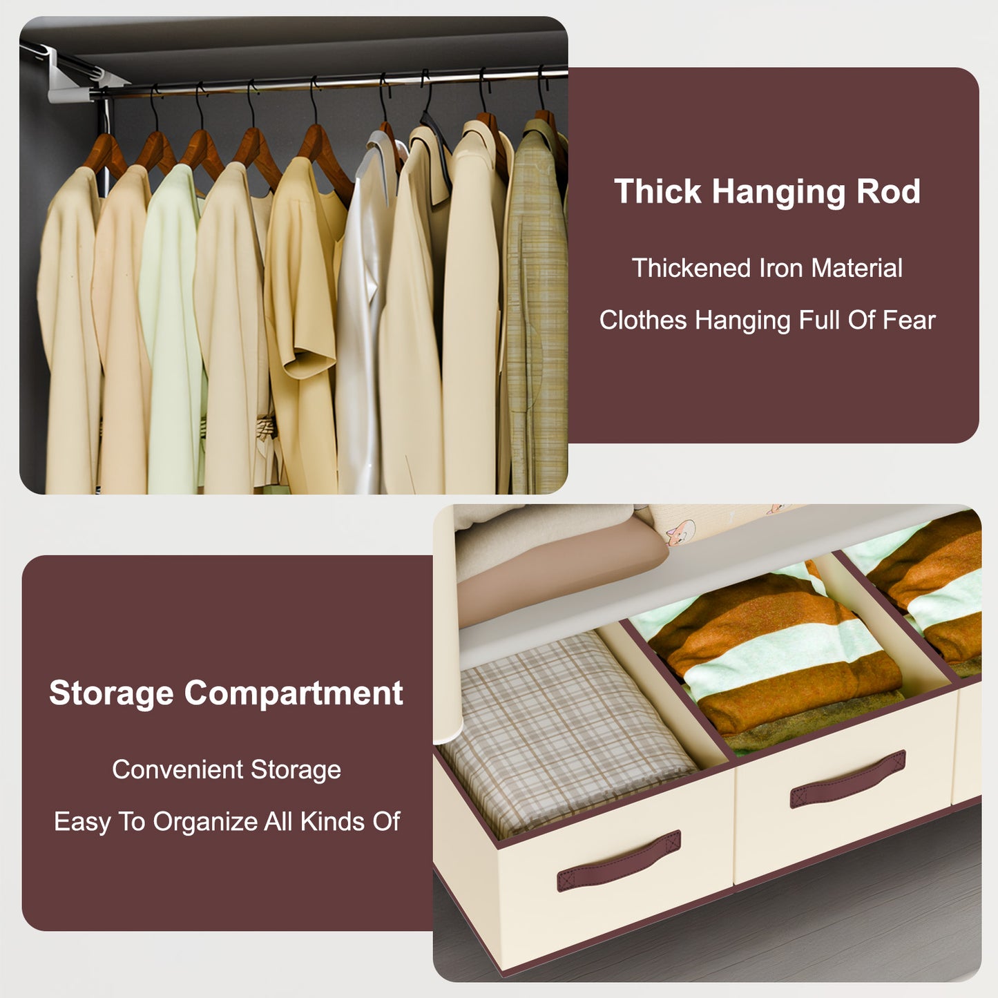Durable Clothes Storage, Non-Woven Fabric Portable Closet Hanging Closet Organizers and Storage, Easy to Assemble, Includes 3 Storage Drawers, Ideal for Rentals, Dorms, Bedrooms, Beige
