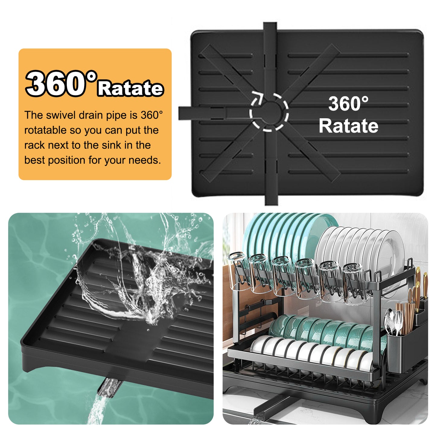 Over The Sink Dish Drying Rack with Drainage, Stainless Steel Large Multifunctional Dish Racks, Rustproof Dish Rack for Kitchen Counter Organization 2 Tier Black