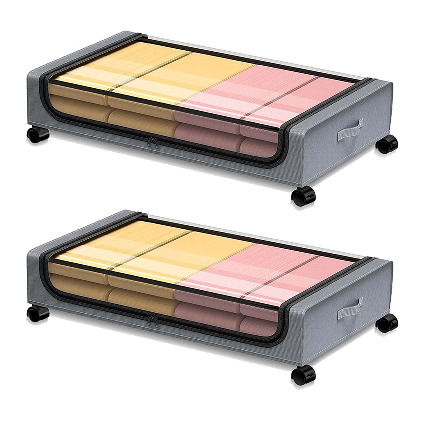 Under Bed Storage with Wheels, 2Pack Under Bed Storage Containers, Under Bed Shoe Storage Organizer, Rolling Under Bed Metal Drawer for Clothes, Blankets,Gary