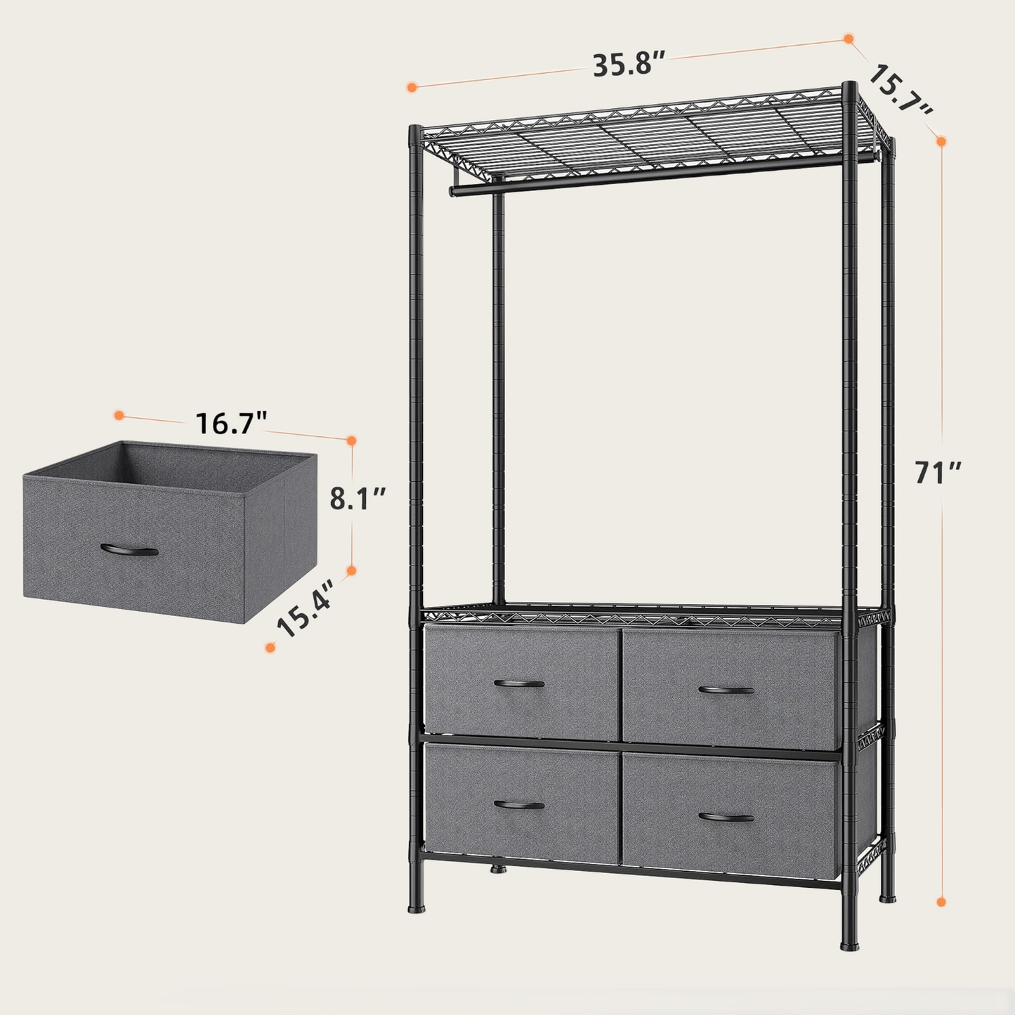 71"H Heavy Duty Clothes Rack, Max Load 445 LBS, Freestanding 3-Tier Wire Garment Rack for Hanging Clothes with Shelves, Closet Organizers and Storage Metal Closet Wardrobe System, Black