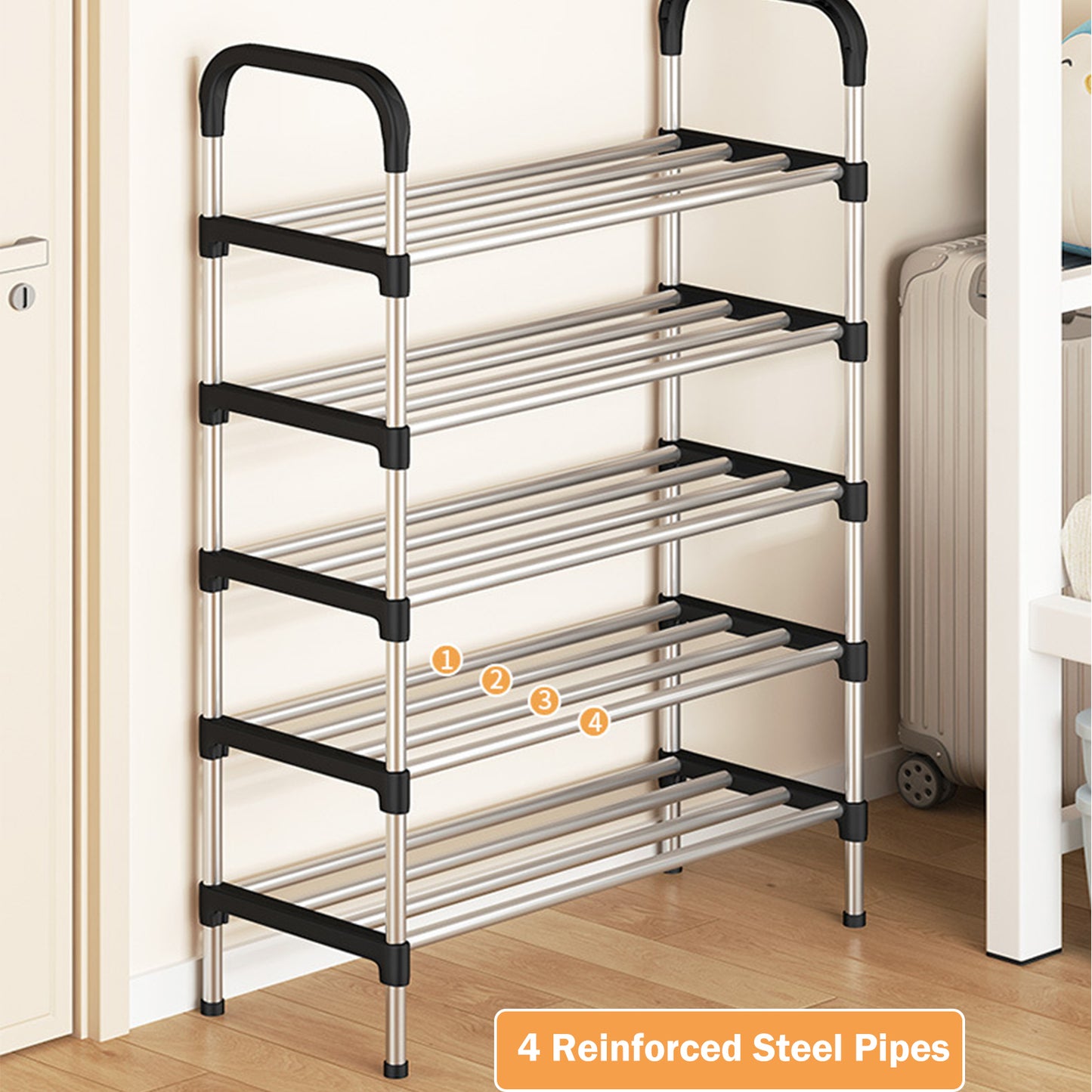 4-Tier Shoe Rack Organizer, Metal Shoe Storage Stand for Entryway, Hallways, Bedrooms, Bathrooms, Offices, and Living Rooms, Silver and Black
