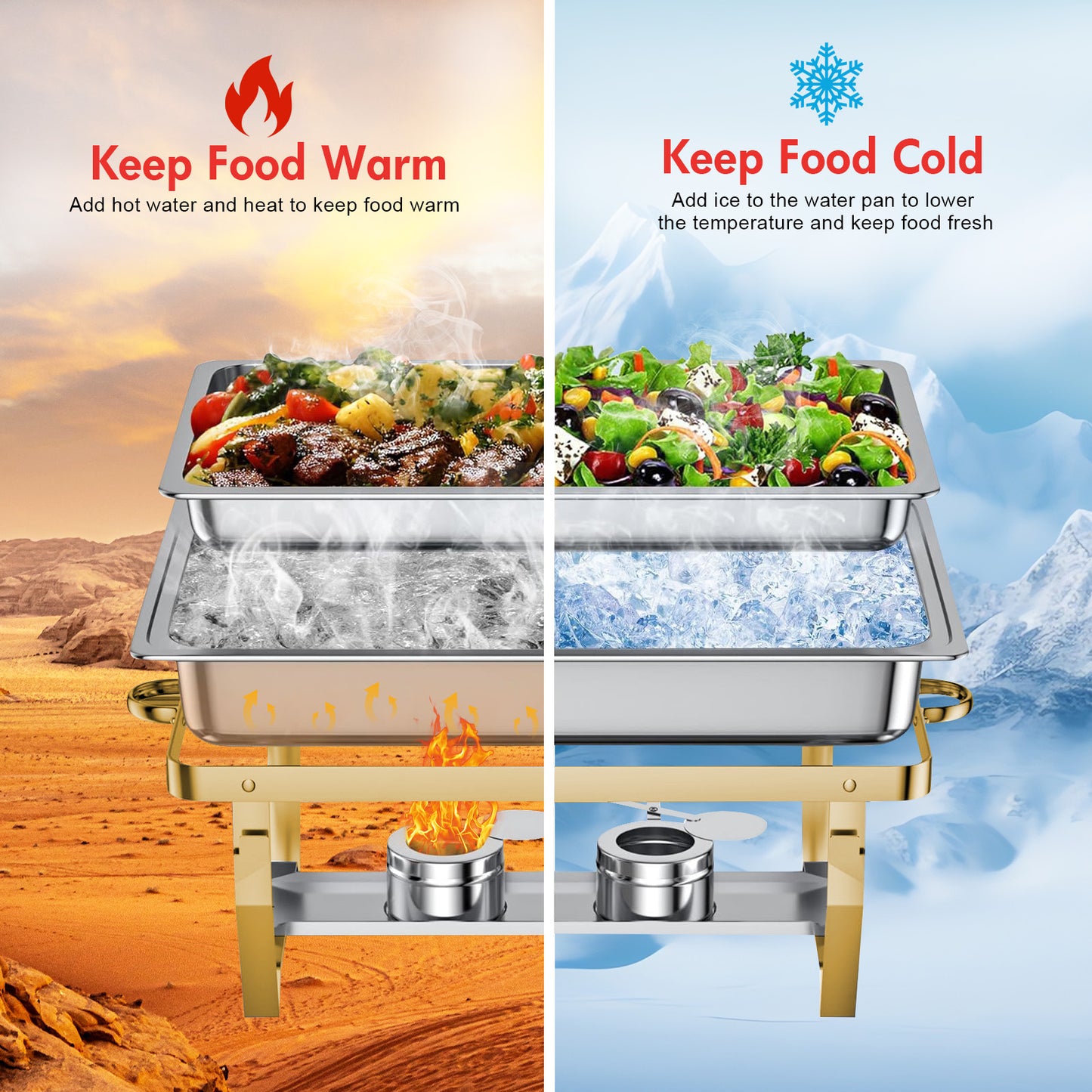 CATGOOD Chafing Dish Buffet Set 4 Pack, 8QT-9QT Rectangular Semi-Gold-Plated Stainless Steel Chafing Dish Set, Buffet Warmer for Hotel Catering, Parties, Weddings, Gold