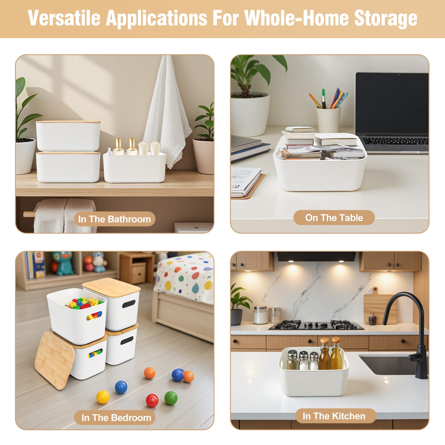 CATGOOD 2PCS Premium Minimalist Storage Boxes with Bamboo Lids, Plastic Storage Baskets, White Stackable Storage Bins with Lids for Kitchen, Cabinet, Bathroom, 10.24"x7.09"x6.3"