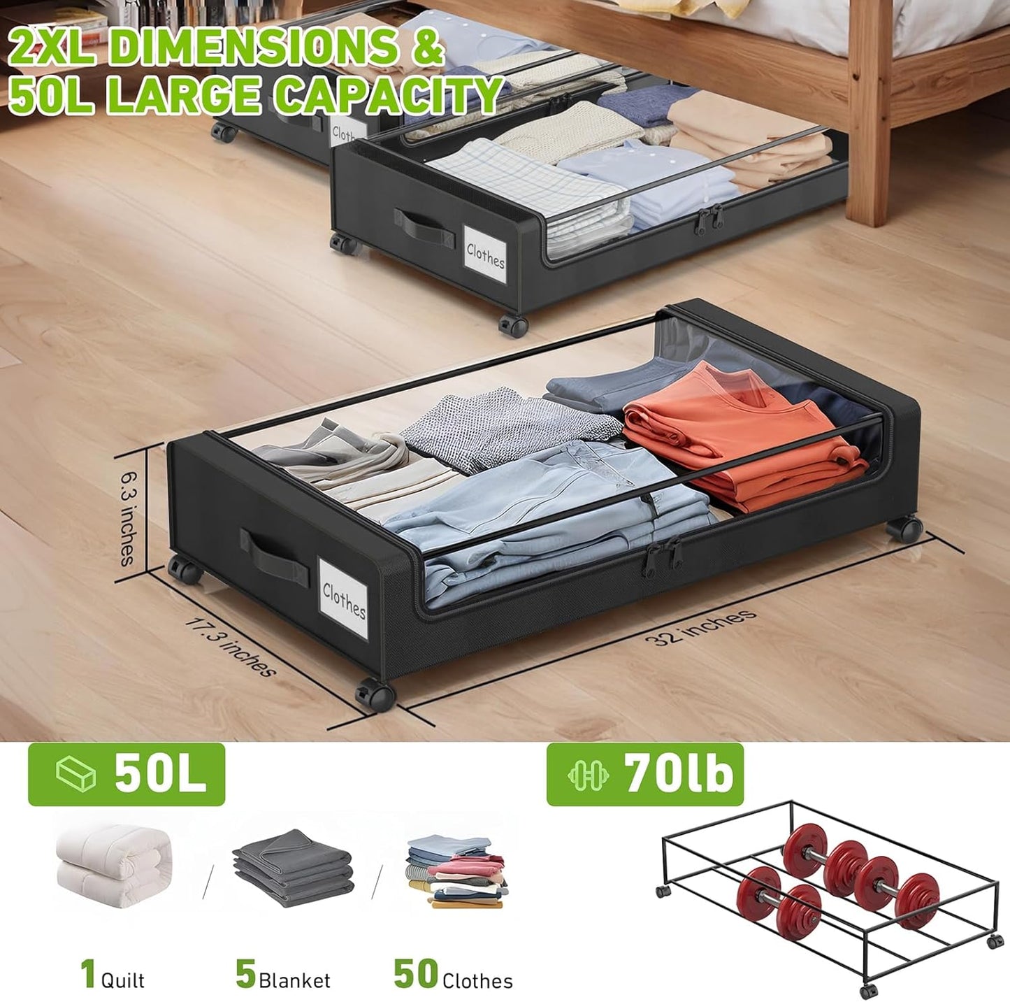 Under Bed Storage with Wheels, Under Bed Storage Containers, Under the Bed Storage Organizer with Clear Lids - Rolling Drawers & Bins for Clothes,Shoes,Toys, 2-Pack (Black)