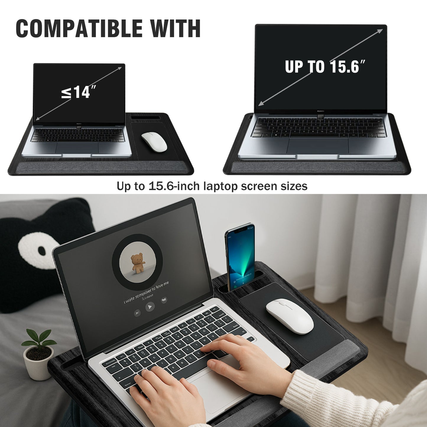 Portable Lap Desk for Laptop, Wood Lapdesk Bed Table with Handle, Black