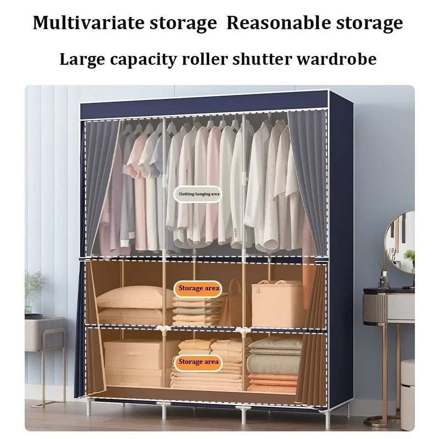 Portable Closet, Clothing Rack Shelf, Dustproof Non-woven Fabric Closet with cover, Blue-green