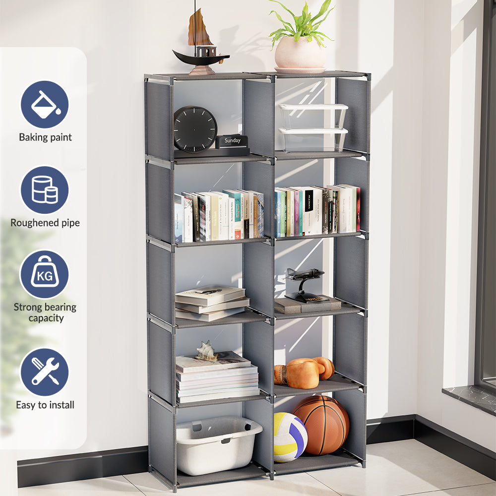6-Tiers Portable Bookshelf with Fabric Cloth at Back, 10 Cube Closet Storage Organizer Bookcase, Living Room,Study Room,Bedroom, Grey