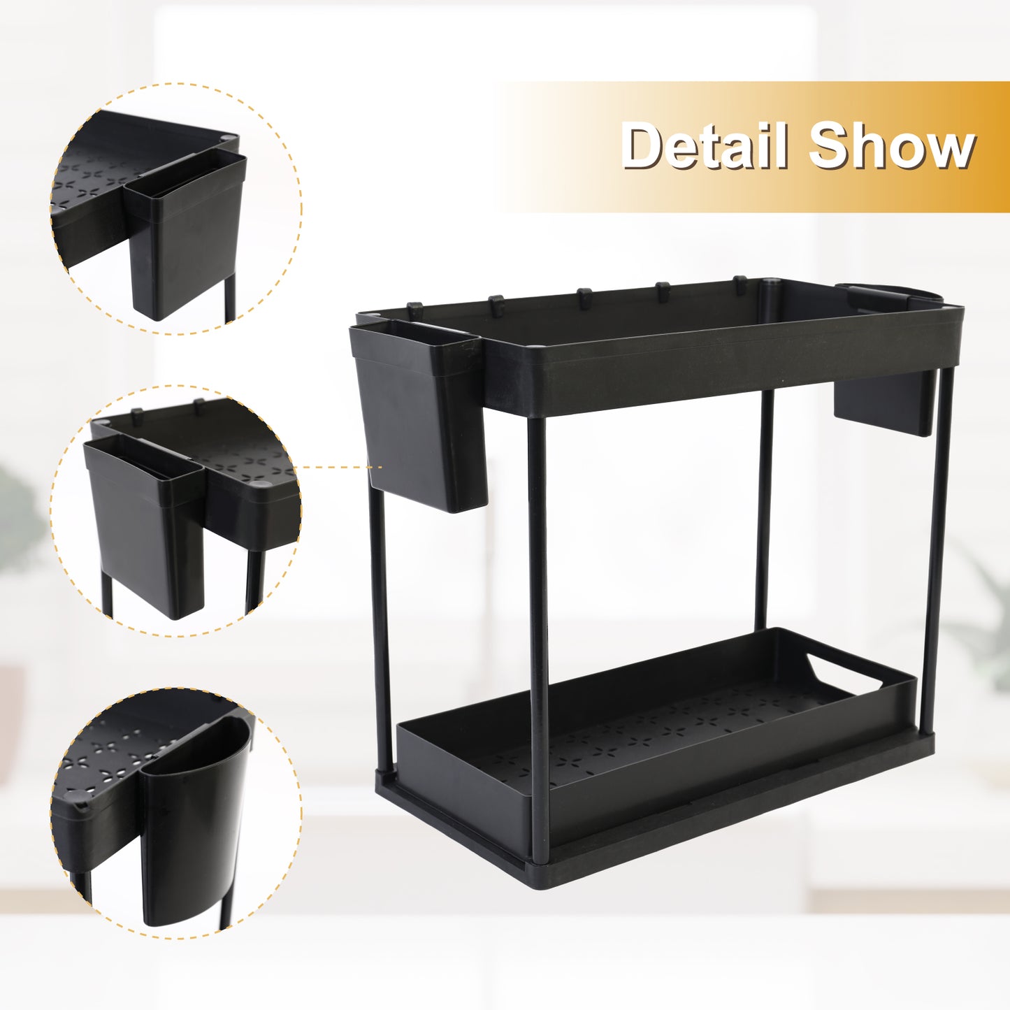 Under Sink Organizers and Storage, 2 Tier Bathroom Under Sink Organizer with Hooks, Hanging Cups, Multi-purpose Storage Drawers, Bathroom Organizers Under Kitchen Sink